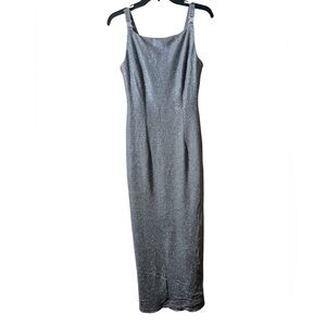 Molly Malloy Silver Sparkle Column Maxi Dress Size 8 Gem Strap 90s Minimalist